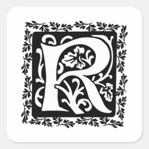 Mittelalterliches Buchstaben-R-Monogramm Schwarz-W Quadratischer Aufkleber
