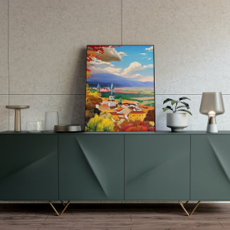 Mittelalterliches Dorf mit Naturmalerei Poster