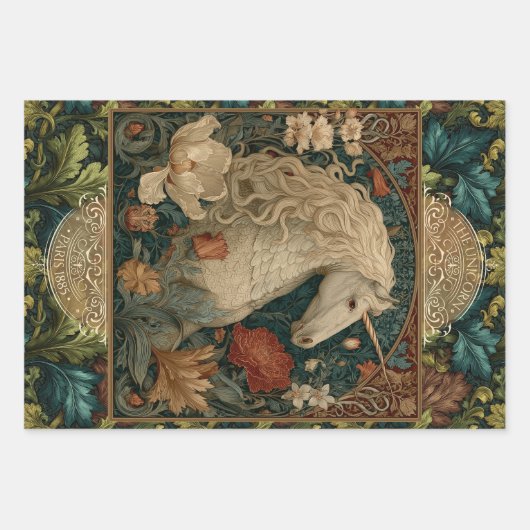 Mittelalterliches Einhorn Viktorianisch Art Nouvea Geschenkpapier Set (Vorderseite)