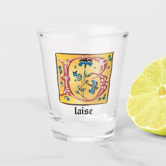Mittelalterliches florales Leuchtschreiben B Monog Schnapsglas (Vorderseite)