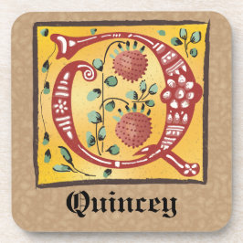 Mittelalterliches florales Leuchtschreiben Q Monog Getränkeuntersetzer