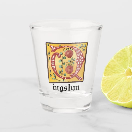 Mittelalterliches florales Leuchtschreiben Q Monog Schnapsglas (Vorderseite)