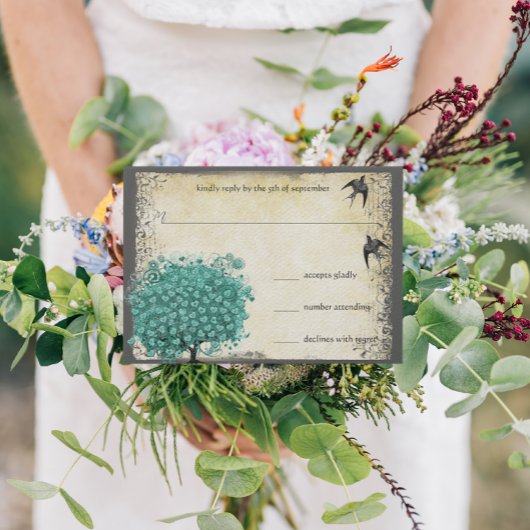 Mittelalterliches Grünes Herz Leaf Tree Love RSVP Karte