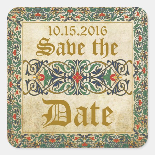 Mittelalterliches Manuskript Save the Date Quadratischer Aufkleber (Vorderseite)