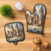 Mittelalterliches Schloss bei Sonnenuntergang mit  Ofenhandschuh & Topflappen-Set (Oben Unten)