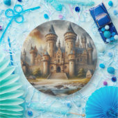 Mittelalterliches Schloss bei Sonnenuntergang mit  Pappteller (Party)