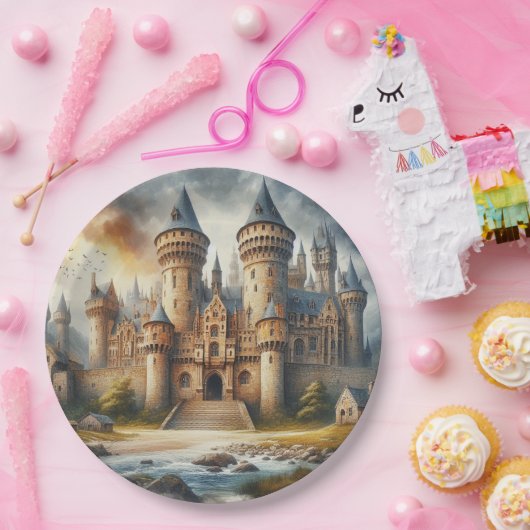 Mittelalterliches Schloss bei Sonnenuntergang mit  Pappteller (Party)