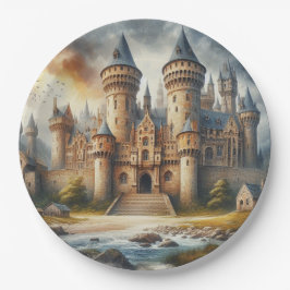 Mittelalterliches Schloss bei Sonnenuntergang mit Pappteller