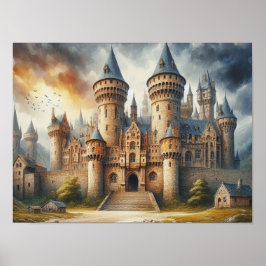 Mittelalterliches Schloss bei Sonnenuntergang mit  Poster