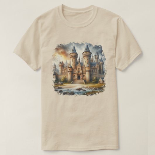 Mittelalterliches Schloss bei Sonnenuntergang mit T-Shirt (Design vorne)