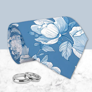 Mittelblau und weiße Chinoiserie-Blumen Krawatte