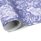 Mittelblauer Weißer Kaninchen Bunny Bird Floral Ti Geschenkpapier (Rolleneckpunkt)