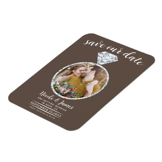 Mittelbraune Diamantring Save the Date Magnet (Linke Seite)