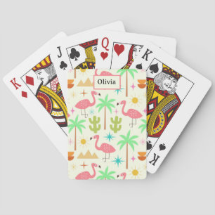 Mittelepoch-Palm-Springs-Flamingo mit Bäumen Spielkarten