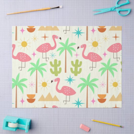 Mittelepochiger Palm Springs Flamingo mit Bäumen Seidenpapier (Basteln)