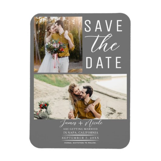 Mittelgraue Moderne 2 Fotos Save the Date Hochzeit Magnet (Vertikal)