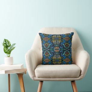 Mittelgroßes Vintage-Blau-Drache-Botanik-Muster Kissen