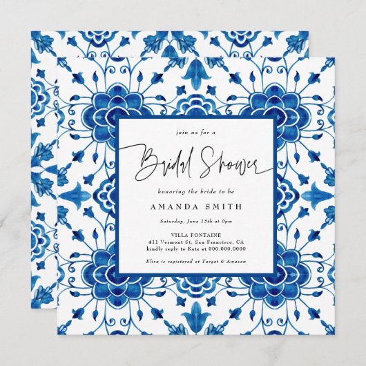 Mittelitalien Blau Tiles Griechenland Brautparty Einladung (Vorne/Hinten)