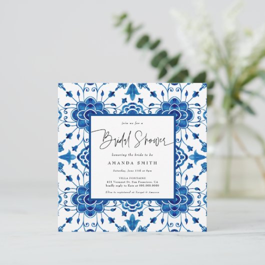 Mittelitalien Blau Tiles Griechenland Brautparty Einladung (Stehend Vorderseite)