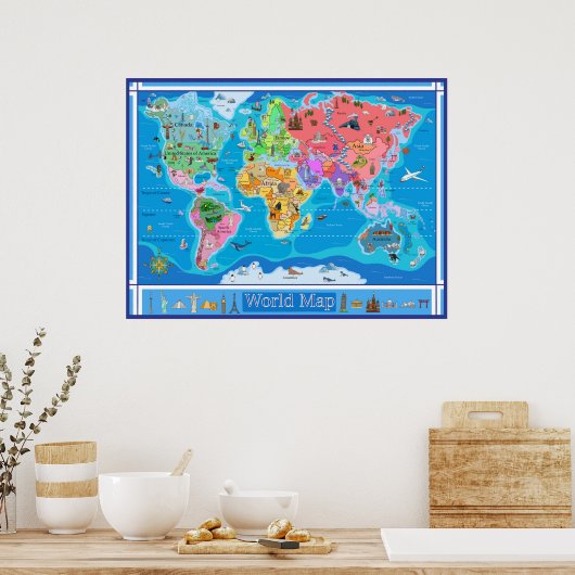 Mittelkinder Illustrierte Weltkarte - 32 x 24 Poster (Küche)