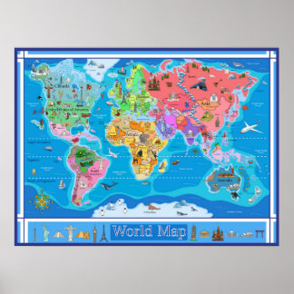 Mittelkinder Illustrierte Weltkarte - 32 x 24 Poster