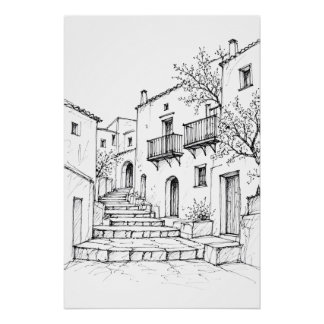 Mittelmeer Altstadt Pen Art Poster