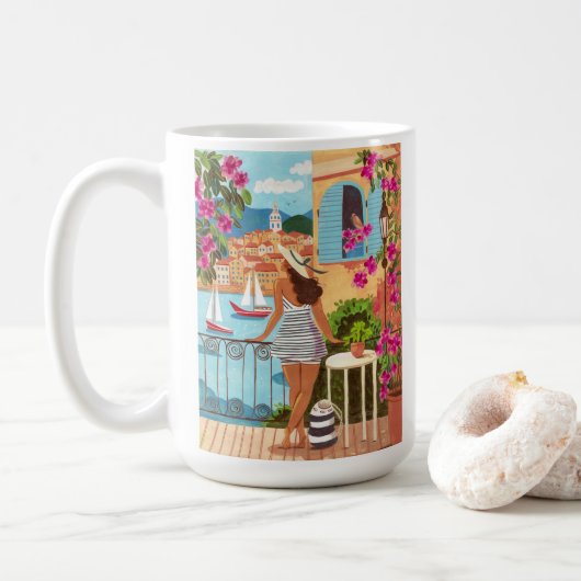 Mittelmeer-Balkon-Illustration Kaffee Kaffeetasse (Mit Donut)