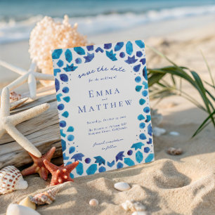 Mittelmeer Blau Fliesenmuster Hochzeits-QR Save The Date