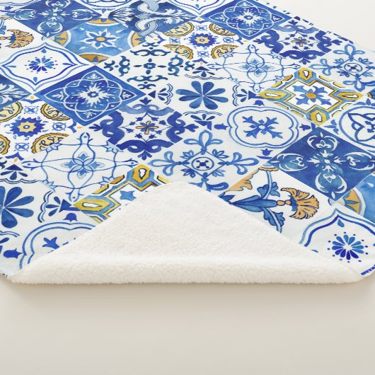 Mittelmeer Blau, Weiß und Gelb Blumenmuster Sherpadecke (3/4)