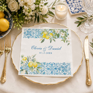 Mittelmeer Blaue Fliese & Zitronen Hochzeitsservie Serviette
