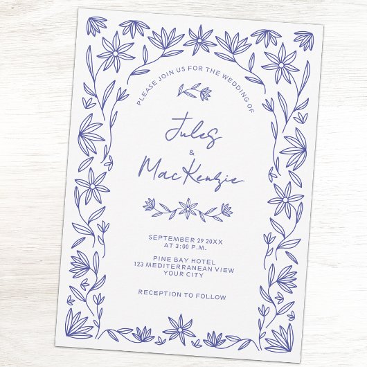 Mittelmeer Blaue Wildblume QR-Code Hochzeit Einladung