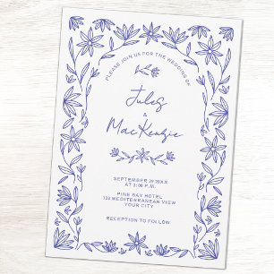 Mittelmeer Blaue Wildblumen-Linienkunst-Hochzeit Einladung