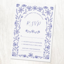 Mittelmeer Blumen Hochzeit RSVP Karte Blau Weiß