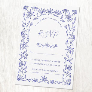 Mittelmeer Blumen Hochzeit RSVP Karte Blau Weiß