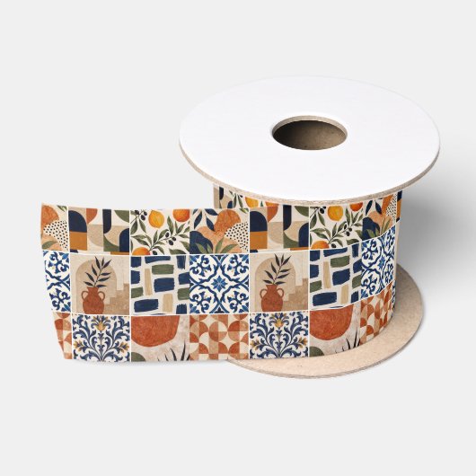 Mittelmeer-Boho-Fliesenmuster Satinband (Spule)