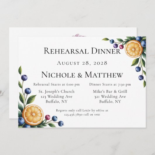 Mittelmeer Citrus Hochzeit Probe Dinner Einladung (Vorne/Hinten)