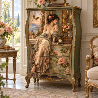Mittelmeer-Dame mit Katze und Rosen-Decoupage Seidenpapier