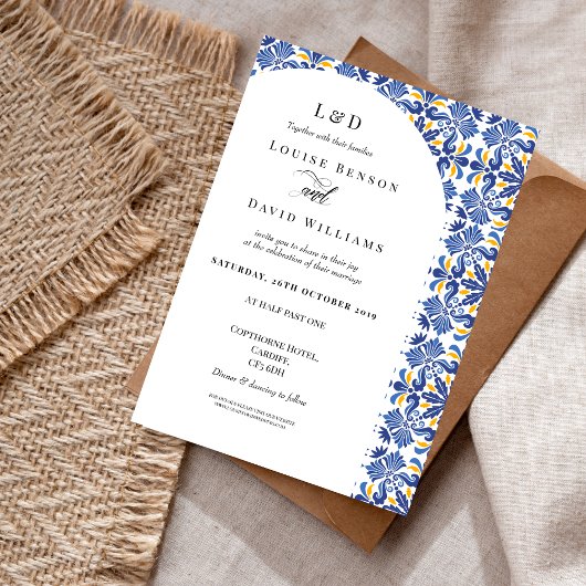 Mittelmeer Elegant Blau und Gelb Hochzeit Einladung