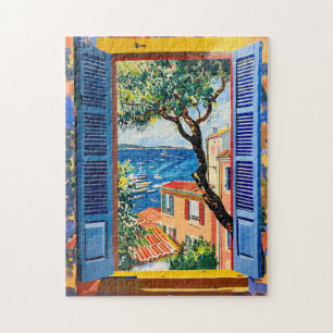 Mittelmeer-Fensterblick mit Olivenbaum Puzzle