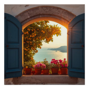 Mittelmeer-Fensterblickrahmen Küsten-Zitronenbaum Poster