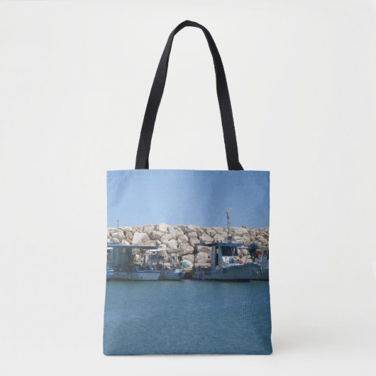 Mittelmeer-Fischerboote in Blaumeer-Design Tasche (Vorderseite)