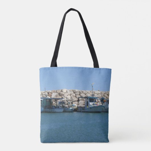 Mittelmeer-Fischerboote in Blaumeer-Design Tasche (Rückseite)