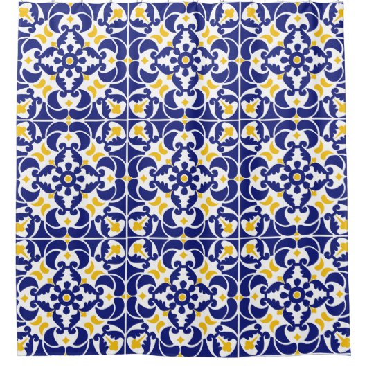 Mittelmeer Fliesen Blau-Gelb Muster Duschvorhang (Vorderseite)