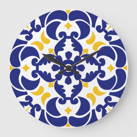 Mittelmeer Fliesen Blau-Gelb Muster Große Wanduhr (Vorderseite)