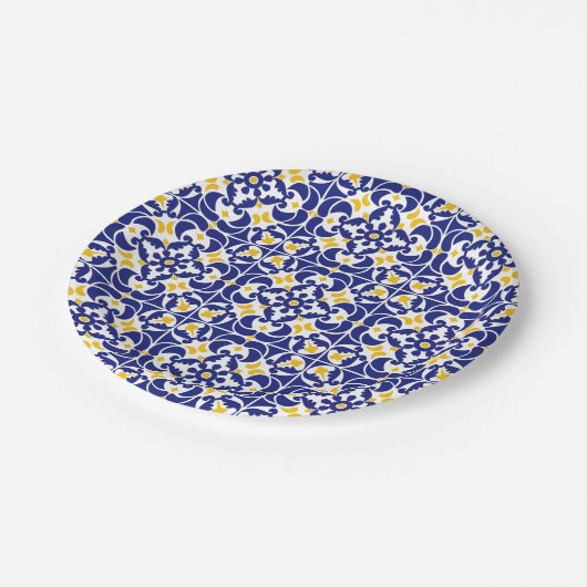 Mittelmeer Fliesen Blau-Gelb Muster Pappteller (Schrägansicht)