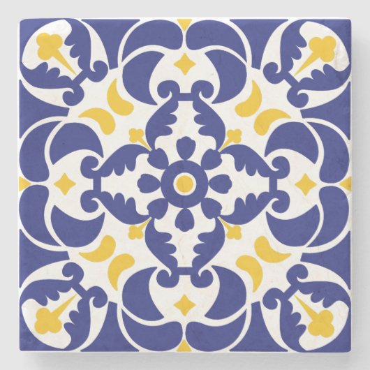 Mittelmeer Fliesen Blau-Gelb Muster Steinuntersetzer (Vorderseite)