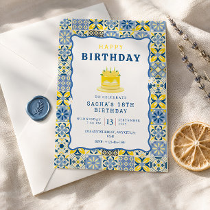 Mittelmeer-Fliesen-Geburtstag Blau Gelb Einladung