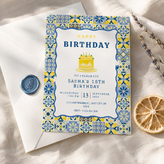 Mittelmeer-Fliesen-Geburtstag Blau Gelb Einladung