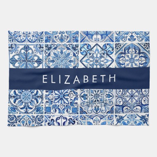 Mittelmeer-Fliesen, Portugal, Azulejo, Ihr Name Geschirrtuch (Horizontal)