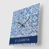 Mittelmeer-Fliesen, Portugal, Azulejo, Ihr Name Quadratische Wanduhr (Winkel)